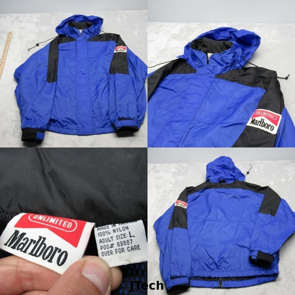 Marlboro Unlimited Jacket Mens Large Blue Black Hooded Full Zip Rain VTG 90s